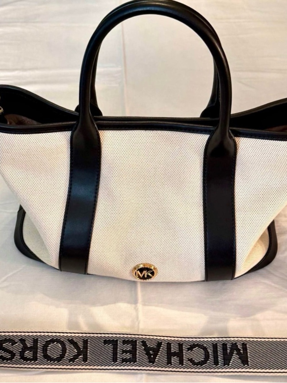 Michael Kors Cream and Black Canvas Tote with Black Leather Trim
